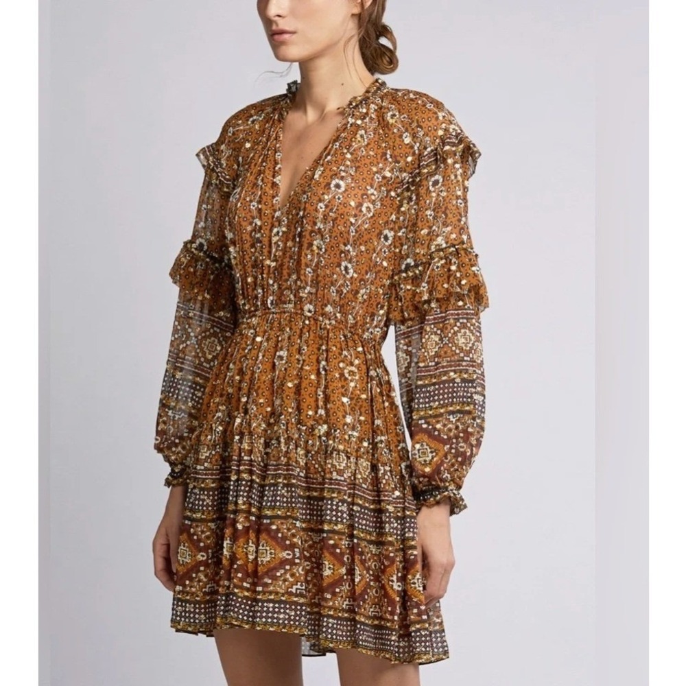 Ulla Johnson Silk Lurex Floral Mixed Print Tiered Ruffle Mini Dress Brown Size 4
